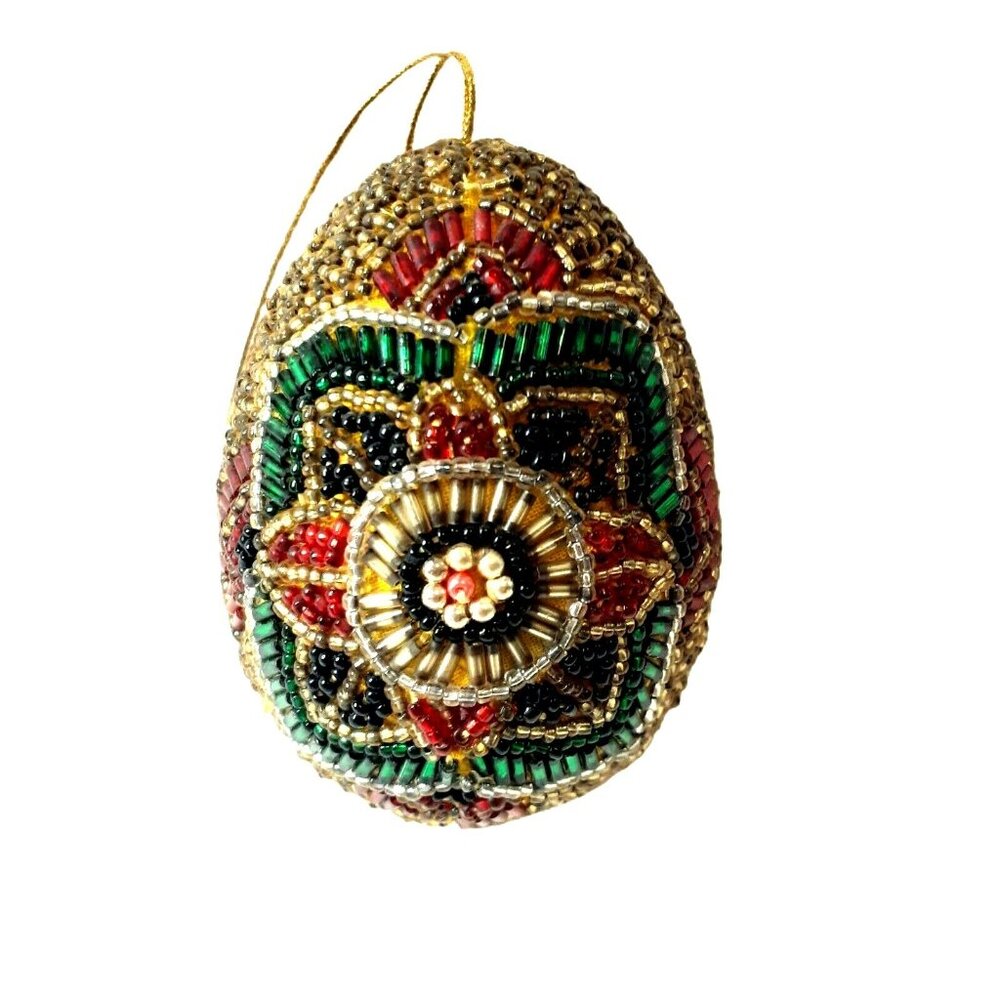 Hand Beaded Glass Egg Ornament Star Flower Colorful 3.5" Christmas Easter